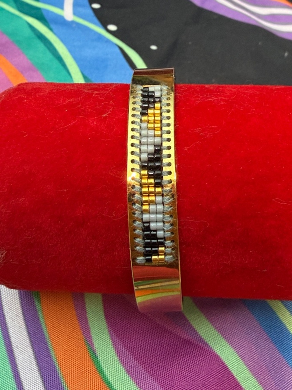 Gold-Tone Beaded Cuff Bracelet - Black & Gray Beads